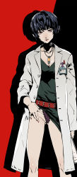 10s 1girl bad_id bad_pixiv_id belt black_hair brown_eyes clothes_lift club3 collar dress dress_lift female_focus gluteal_fold highres laboratory looking_at_viewer nail_polish name_tag necktie panties persona persona_5 purple_panties red_nails short_hair silhouette smile solo takemi_tae thighs underwear