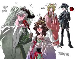 ! !! +++ 4girls :d ^_^ absurdres alcohol black_boots black_dress black_gloves black_hair blonde_hair blush boots bottle cape chin_strap chinese_clothes chinese_text closed_eyes dipper dress drunk flower full_body gloves green_eyes grin hair_flower hair_ornament hair_over_one_eye hand_up hanfu highres holding holding_bottle holding_spoon index_finger_raised jiu_niangzi jiu_niangzi_(blossom_spring_fairy) legs_apart liang_yue_(reverse:1999) long_hair looking_at_another low_twintails molen106 multiple_girls official_alternate_costume one_eye_covered open_mouth pink_flower pink_hanfu police police_uniform policewoman pouring profile purple_hanfu reverse:1999 short_dress shuangyaji side_cape smile sotheby sotheby_(the_red_thread_of_fate) speech_bubble spoken_no_symbol spoon squeans standing thigh_boots translation_request twintails upper_body vodka weimao white_cape white_hair white_hanfu wide_sleeves windsong_(records_from_the_jade_hunt)_(reverse:1999) windsong_(reverse:1999) x_arms
