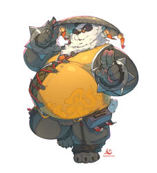1boy animal_ears artist_logo artist_name bara barefoot bell belly black_fur black_pants bracelet chinese_clothes claws commentary duskglitch english_commentary fang fat fat_man furry furry_male hand_on_headwear highres jewelry jingle_bell logo looking_at_viewer male_focus multicolored_fur multiple_rings open_mouth pan_yinhu panda_boy panda_ears pants pawpads ring round_eyewear shirt smile spiked_bracelet spikes white_fur wok yellow_shirt zenless_zone_zero
