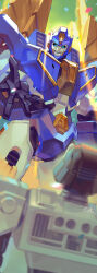 blue_eyes blurry blurry_foreground commentary confetti d-16 from_below highres inaki_shinrou looking_down no_humans optimus_prime signature transformer transformers
