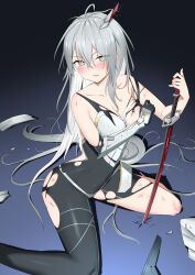 Rule 34 | 1girl, ahoge, armor, blush, breasts, cleavage, collarbone, duel monster, green eyes, grey hair, hair between eyes, hair ornament, highres, holding, holding sword, holding weapon, katana, long hair, looking at viewer, mailixiang, medium breasts, parted lips, sitting, sky striker ace - zero, solo, sword, torn clothes, wariza, weapon, yu-gi-oh!