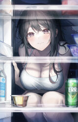 1girl absurdres beer_can black_hair blush breasts camisole can cleavage commentary drink_can food gongha highres large_breasts long_hair looking_at_object milk_carton mole mole_on_breast original pudding refrigerator_interior solo squatting white_camisole