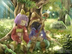 1boy 1girl black_mage_(final_fantasy) blue_coat bodysuit boots bow brown_boots bug butterfly coat cropped_sweater eiko_carol final_fantasy final_fantasy_ix forest green_pants hair_bow hat horns insect nature outdoors overalls pants parted_lips pink_bodysuit purple_hair quichi_91 red_sweater short_hair single_horn sleeping staff striped_clothes striped_pants sunlight sweater turtleneck turtleneck_sweater vivi_ornitier wizard_hat yellow_bow yellow_overalls