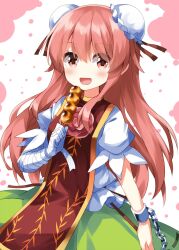 Rule 34 | 1girl, :d, bandaged arm, bandages, blush, bun cover, commentary, cowboy shot, dango, double bun, food, green skirt, hair between eyes, hair bun, highres, holding, holding food, ibaraki kasen, long hair, looking at viewer, open mouth, pink eyes, pink hair, ruu (tksymkw), shirt, short sleeves, simple background, skirt, smile, solo, tabard, touhou, wagashi, white background, white shirt