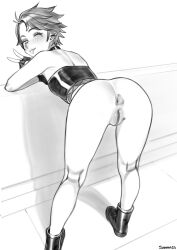 1girl absurdres anus ass bare_shoulders bent_over blush boots bottomless fingerless_gloves from_behind gloves greyscale highres kneepits legs looking_at_viewer looking_back monochrome one_eye_closed original pointy_ears pussy short_hair smile solo standing sunna_(nilsunna) tongue tongue_out uncensored v