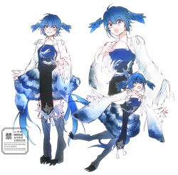 Rule 34 | 1girl, :d, adversarial noise, alternate costume, bird girl, bird legs, bird tail, bird wings, blue eyes, blue hair, blue skirt, detached sleeves, ff14hioo oo7, final fantasy, final fantasy xiv, full body, head wings, looking at viewer, meteion, monster girl, multiple views, open mouth, pelvic curtain, short hair, simple background, skirt, smile, standing, tail, watermark, white background, wings