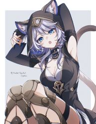 1girl :o animal_ear_fluff animal_ears animal_hood armpits arms_behind_head black_hood black_leotard blue_eyes boots breasts cat_ears cat_hood cat_tail cipher_(honkai:_star_rail) cleavage commentary_request detached_sleeves gold_boots grey_background grey_hair highres honkai:_star_rail honkai_(series) hood hood_up hooded_leotard leotard looking_at_viewer medium_breasts open_mouth short_hair simple_background solo tail white_background yanagida_shiina