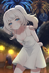 1girl absurdres aerial_fireworks blue_eyes collarbone corn_dog dress festival fireworks flat_chest food grey_hair highres holding holding_food looking_at_viewer marimari_(vtuber) night night_sky phase_connect shadow side_ponytail sky smile solo valefal_coneri virtual_youtuber white_dress