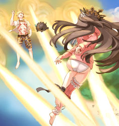 1boy 1girl abs anger_vein angry barefoot bikini bikini_bottom_only blonde_hair brown_hair character_request cloud commentary_request day energy fate/grand_order fate_(series) floating_hair flying flying_sweatdrops gilgamesh_(fate) holding ishtar_(fate) ishtar_(swimsuit_rider)_(fate) long_hair long_sleeves open_clothes open_shirt outdoors sand shirt shore shorts silhouette siya_ho sky soles swimsuit tattoo toes white_bikini