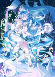 1girl absurdres blue_hair bonnet closed_eyes coral daziran_ran_ran dress english_text fish flower frilled_dress frills full_body hair_flower hair_ornament highres holding jellyfish jewelry long_hair long_sleeves one_eye_closed open_mouth original rabbit smile solo very_long_hair white_dress