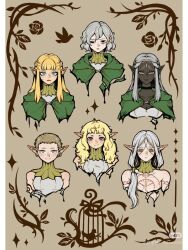 2boys 4girls arm_tattoo bags_under_eyes bare_shoulders bird birdcage black_eyes blonde_hair blue_eyes blush border braid brown_background cage chest_tattoo choker cithis cloak dark-skinned_female dark_elf dark_skin dungeon_meshi elf facial_mark fleki flower forehead_mark gorget green_cloak grey_eyes grey_hair hair_around_ear half_up_braid highres hood hooded_cloak jewelry k_k_(xinjinjumin3455371) lazy_eye long_hair looking_at_viewer low_twintails lycion mithrun multiple_boys multiple_girls notched_ear otta_(dungeon_meshi) pattadol plant pointy_ears purple_eyes rose short_hair smile star_(symbol) straight-on sweatdrop tattoo topless_male tunic twintails uneven_eyes upper_body very_short_hair vines white_border yellow_eyes
