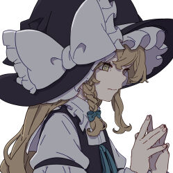1girl absurdres black_hat black_vest blonde_hair bow braid bright_pupils closed_mouth commentary_request frilled_bow frills from_side green_bow green_ribbon hair_bow hands_up hat hat_bow highres kame_(kamepan44231) kirisame_marisa long_hair long_sleeves neck_ribbon own_hands_together ribbon shirt simple_background single_braid solo touhou upper_body vest white_background white_bow white_shirt yellow_eyes