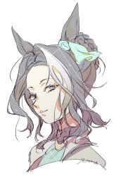 1girl animal_ears artist_name black_hair blue_eyes bow braid braided_bun ear_bow hair_bun highres horse_ears jemma_(mashirahoshi) looking_at_viewer mejiro_ramonu_(umamusume) multicolored_hair pale_color parted_lips portrait short_hair simple_background smile solo streaked_hair umamusume white_background