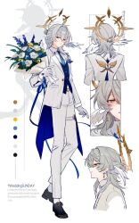 1boy a20190422 alternate_costume back bouquet flower full_body gold_halo grey_hair half-closed_eyes halo holding holding_bouquet honkai:_star_rail honkai_(series) jacket male_focus multiple_views pants solo spiked_halo sunday_(honkai:_star_rail) upper_body white_jacket white_pants yellow_eyes