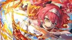 1girl bodysuit boots bow collar fire hair_bow hairband highres holding holding_polearm holding_weapon long_hair lupa_(wuthering_waves) metal_collar metal_hairband multiple_hair_bows open_mouth pink_hair polearm red_sash sash shibamh0306 solo thigh_boots weapon white_bodysuit wrist_guards wuthering_waves yellow_eyes