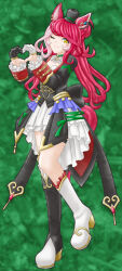 1girl animal_ears blush boots breasts cleavage collarbone commentary_request floppy_(saito7013) full_body gloves green_background hair_ornament heart heart_hands highres horse_ears horse_girl horse_tail looking_at_viewer loves_only_you_(umamusume) medium_breasts red_hair simple_background smile standing tail thighhighs umamusume yellow_eyes