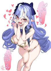 1girl bikini black_nails blush breasts commentary_request drill_hair fingernails gold_bikini hands_on_own_cheeks hands_on_own_face highres iapoc large_breasts looking_at_viewer loving_aura multicolored_hair nail_polish navel open_mouth pointy_ears purple_hair red_eyes simple_background solo standing streaked_hair swimsuit translation_request vivian_(zenless_zone_zero) white_background white_hair zenless_zone_zero