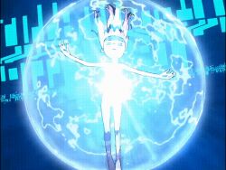 1girl animated animated_gif barefoot biomerge breasts closed_eyes completely_nude convenient_censoring digimon digimon_tamers energy floating_hair long_hair looping_animation makino_ruki matrix_evolution nude official_art open_mouth outstretched_arms pink_hair small_breasts solo trembling trembling_legs