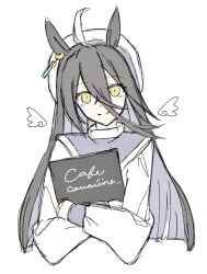 1girl animal_ears bbb02uma beret black_hair closed_mouth ear_tag earrings hair_between_eyes hat holding holding_menu horse_ears horse_girl jewelry long_bangs long_hair long_hair_between_eyes long_sleeves looking_at_viewer menu multicolored_hair simple_background single_earring smile solo umamusume underwear very_long_hair white_background white_hair white_hat yellow_eyes