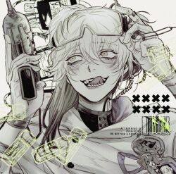 Rule 34 | 1other, adjusting eyewear, coat, colored tips, glasses, gloves, goggles, goggles on head, gun, gyujik qzc, hand on eyewear, hands up, holding, holding gun, holding weapon, id card, looking to the side, medicine pocket, multicolored hair, open mouth, reverse:1999, solo, spot color, teeth, tongue, tongue out, upper body, weapon, white background