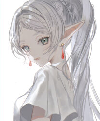 1girl absurdres arms_at_sides backboob braid breasts choker chromatic_aberration closed_mouth commentary_request earrings elf frieren frilled_sleeves frills from_behind green_eyes grey_hair hair_intakes high_ponytail highres jewelry light_particles lips looking_at_viewer looking_back oguraazuki186 pale_skin parted_bangs pointy_ears ponytail shirt short_sleeves sidelighting sideways_glance simple_background single_braid small_breasts solo sousou_no_frieren tassel tassel_earrings upper_body white_background white_choker white_shirt