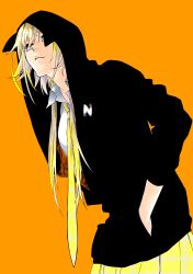 1girl absurdres animal_ear_hood black_hoodie blonde_hair closed_mouth collared_shirt commentary_request cowboy_shot eyebrows_hidden_by_hair fake_animal_ears hair_between_eyes hair_intakes hashtag-only_commentary highres hood hood_up hoodie ieiri_popo ken&#039;ichi_(ken1ro_u) kubo_tite_(style) leaning_forward long_hair long_sleeves looking_at_viewer looking_down nanashi_inc. necktie orange_background plaid_clothes plaid_necktie plaid_skirt shirt simple_background skirt smile solo straight_hair virtual_youtuber white_shirt yellow_necktie yellow_skirt