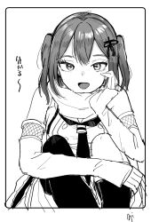 1girl ajifry39 commentary_request detached_sleeves greyscale hair_ornament hand_on_own_face highres kantai_collection monochrome neckerchief sailor_collar sailor_shirt scarf school_uniform sendai_(kancolle) sendai_kai_ni_(kancolle) serafuku shirt single_thighhigh sleeveless sleeveless_shirt solo squatting thighhighs translation_request two_side_up