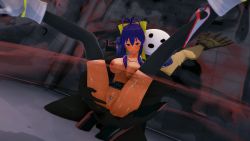 Rule 34 | 1girl, antenna hair, arakune, black thighhighs, blazblue, blue hair, breasts, genderswap, genderswap (mtf), mai natsume, multicolored panties, nipples, no bra, panties, panties around leg, pink eyes, ponytail, pubic hair, pussy, red panties, school uniform, skirt, tagme, thighhighs, tongue, underwear, white panties