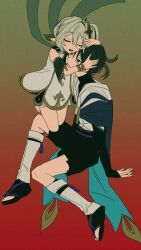 1boy 1girl arm_at_side armlet belt black_belt black_bridal_gauntlets black_eyes black_hair black_leggings black_sandals black_shorts bloomers blue_cape blunt_ends bodysuit bracelet bridal_gauntlets cape closed_eyes detached_sleeves dress empty_eyes eyelashes fingernails furisode genshin_impact gold gradient_background green_cape green_hair green_sleeves hair_between_eyes hair_ornament half_crown_braid hand_on_another&#039;s_head head_hug heads_together highres japanese_clothes jewelry kimono leaf leaf_hair_ornament leg_warmers leggings limp_wrist long_hair looking_at_another lower_teeth_only multicolored_hair nahida_(genshin_impact) no6_gnsn open_hands open_mouth parted_lips pointy_ears purple_sash sandals sash scaramouche_(genshin_impact) shorts side_ponytail sidelocks streaked_hair teeth toeless_legwear toenails toes turtleneck turtleneck_bodysuit underwear wanderer_(genshin_impact) white_bloomers white_dress white_hair white_kimono white_leg_warmers white_mouth wispy_bangs zouri