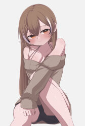 1girl ahoge alternate_costume bare_shoulders black_shorts black_streaks blush breasts brown_eyes brown_hair cleavage closed_mouth commentary grey_sweater hair_between_eyes highres hololive hololive_english large_breasts long_hair long_sleeves looking_at_viewer multicolored_hair nanashi_mumei off-shoulder_sweater off_shoulder seiaru shorts simple_background sitting smile solo streaked_hair sweater symbol-only_commentary virtual_youtuber white_background white_streaks