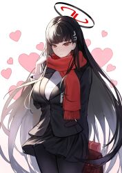1girl absurdres bag black_hair black_jacket black_pantyhose black_skirt blue_archive blush box breasts gift gift_box hair_between_eyes halo hand_in_own_hair heart highres holding holding_bag holding_box jacket long_hair looking_at_viewer myumyu431 pantyhose red_eyes red_scarf rio_(blue_archive) scarf shirt sidelocks skirt smile solo turtleneck turtleneck_shirt white_shirt