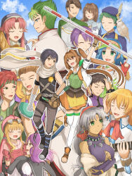 6+boys 6+girls absurdres agate_crosner ahoge anelace_elfead antenna_hair armor beret black_hair blonde_hair blue_eyes blue_sky cassius_bright closed_eyes cloud cross_scar curtained_hair double-parted_bangs earrings eiyuu_densetsu estelle_bright facial_scar floating_hair goggles goggles_on_head green_eyes grey_hair hair_between_eyes hair_intakes hair_slicked_back hat hat_feather headband highres holding holding_stuffed_toy hoop_earrings jewelry josette_capua joshua_bright kevin_graham kloe_rinz long_hair mueller_vander multiple_boys multiple_girls nun olivert_reise_arnor open_mouth parted_bangs pauldrons red_eyes renne_(eiyuu_densetsu) ries_argent scar scar_on_cheek scar_on_face scarf scherazard_harvey shoes short_hair shoulder_armor sideburns sidelocks single_pauldron sky smile sneakers sora_no_kiseki stuffed_animal stuffed_rabbit stuffed_toy tita_russell traditional_nun twintails yellow_eyes yula22_gld zin_vathek