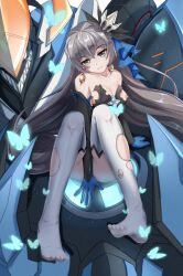 1girl black_dress black_gloves blue_butterfly breasts bronya_zaychik bronya_zaychik_(herrscher_of_reason) bug butterfly closed_mouth dress drill_hair earrings elbow_gloves full_body gloves grey_eyes grey_hair hair_ornament highres honkai_(series) honkai_impact_3rd insect jewelry long_hair nipples no_bra no_shoes one_breast_out project_bunny small_breasts smile soles solo thighhighs toes torn_clothes torn_thighhighs twin_drills very_long_hair xiaosa123