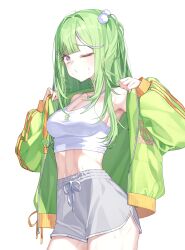 1girl absurdres armpits bare_shoulders breasts cleavage closed_mouth cowboy_shot crop_top dolphin_shorts drawstring green_hair green_jacket grey_shorts hair_ornament highres jacket long_hair long_sleeves looking_at_viewer medium_breasts midriff multicolored_hair navel one_eye_closed open_clothes open_jacket pom_pom_(clothes) pom_pom_hair_ornament purple_eyes shirt short_shorts shorts simple_background sleeveless sleeveless_shirt solo stellive streaked_hair sweat virtual_youtuber white_background white_shirt yioro yuzuha_riko