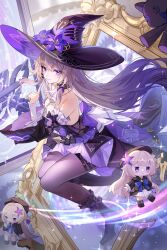 bare_shoulders breasts brown_hair doll hat herta_(honkai:_star_rail) highres honkai:_star_rail honkai_(series) libero_art long_hair medium_breasts mirror purple_eyes smile the_herta_(honkai:_star_rail) very_long_hair witch witch_hat