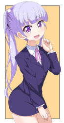Rule 34 | 1girl, blush, business suit, dot nose, feet out of frame, female focus, formal clothes, hair ornament, highres, legs, long hair, long sleeves, looking at viewer, new game!, open mouth, purple eyes, purple hair, simple background, solo, standing, suit, suzukaze aoba