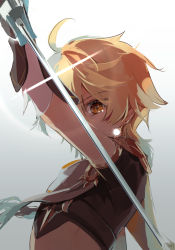 Rule 34 | 1boy, aether (genshin impact), blade, blonde hair, braid, commentary request, genshin impact, hair between eyes, highres, holding, holding sword, holding weapon, long hair, looking at viewer, male focus, midriff, one eye covered, sakusakuagetate, short sleeves, simple background, single braid, solo, sword, weapon, white background, yellow eyes