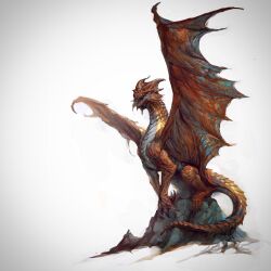animal_focus brown_scales claws commentary copper_dragon_(d&amp;d) dragon english_commentary full_body highres horns monster no_humans official_art on_rock open_mouth scales sharp_teeth solo tail teeth vance_kovacs western_dragon wings yellow_background