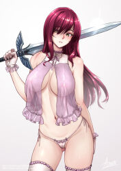 1girl adsouto alternate_eye_color arm_behind_back armpit_crease breast_curtains breasts cowboy_shot erza_scarlet fairy_tail highres holding holding_sword holding_weapon large_breasts lingerie long_hair looking_at_viewer navel nipples panties parted_lips red_hair simple_background solo stomach sword thighhighs thighs underwear variant_set very_long_hair weapon white_panties white_thighhighs yellow_eyes
