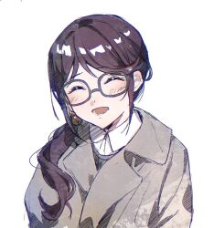 1girl :d ^_^ bell black-framed_eyewear blush brown_jacket closed_eyes collared_shirt facing_viewer glasses hair_bell hair_ornament hair_over_shoulder highres hoshimi_junna jacket jingle_bell kuliukunkunkunkunkunkunkun long_hair long_sleeves low_side_ponytail lower_teeth_only open_mouth purple_hair shirt shoujo_kageki_revue_starlight side_ponytail simple_background smile solo teeth upper_body white_background white_shirt