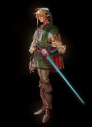 1boy alternate_costume belt belt_buckle black_background blonde_hair blue_eyes brown_belt buckle cape closed_mouth commentary english_commentary full_body green_cape green_hat green_tunic grey_pants hair_between_eyes hat holding holding_sword holding_weapon link lips long_pointy_ears long_sleeves male_focus master_sword nintendo pants pointy_ears pottetto shirt simple_background solo sword the_legend_of_zelda tunic two-tone_cape weapon white_shirt