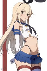 1girl black_hairband black_neckerchief black_panties blonde_hair blue_sailor_collar blue_skirt chestnut_mouth cowboy_shot crop_top elbow_gloves gloves grey_eyes hairband highleg highleg_panties highres kantai_collection long_hair microskirt miniskirt nagare_(flow) neckerchief panties pleated_skirt sailor_collar shimakaze_(kancolle) shirt skindentation skirt sleeveless sleeveless_shirt solo striped_clothes striped_thighhighs thighhighs twitter_username underwear white_background white_gloves