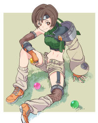 Rule 34 | 1girl, arm support, border, brown eyes, brown hair, final fantasy, final fantasy vii, full body, futa yuri ryona, grass, headband, highres, looking at viewer, materia, midriff, navel, on ground, open fly, outside border, short hair, short shorts, shorts, smile, solo, sweater, turtleneck, turtleneck sweater, white border, yuffie kisaragi