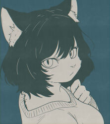1girl :&lt; absurdres animal_ear_fluff animal_ears animal_nose blue_background blue_theme bob_cut body_fur cat_ears cat_girl closed_mouth commentary english_commentary furry furry_female greyscale_with_colored_background highres long_sleeves looking_at_viewer original portrait solo sweater tomochiso