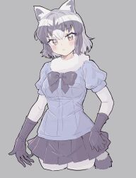 Rule 34 | 1girl, animal ears, black bow, black bowtie, black hair, blue sweater, blush, bow, bowtie, brown eyes, common raccoon (kemono friends), elbow gloves, extra ears, fur collar, gloves, grey gloves, grey hair, hair between eyes, highres, houkokukokui, kemono friends, multicolored hair, pantyhose, puffy short sleeves, puffy sleeves, purple background, raccoon ears, raccoon girl, raccoon tail, short hair, short sleeves, sidelocks, solo, sweater, tail, two-tone gloves, white fur, white hair, white pantyhose