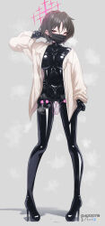 Rule 34 | 1girl, absurdres, bdsm, blue archive, bodysuit, breasts, brown eyes, clenched hand, dildo gag, egg vibrator, female focus, female pervert, gag, grey hair, heavy breathing, high heels, highres, knees together feet apart, latex, latex bodysuit, looking at viewer, looking to the side, maguro27, mask, masochism, medium breasts, medium hair, misaki (blue archive), mouth mask, pervert, pussy juice, pussy juice drip through clothes, pussy juice stain, pussy juice trail, sex toy, shirt, short, skin tight, solo, standing, steam, steaming body, surgical mask, thigh strap, thighhighs, vibrator, zettai ryouiki