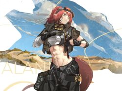 Rule 34 | 1girl, abs, alanna (arknights), arknights, bandaged arm, bandages, black gloves, brown tail, character name, closed mouth, cowboy shot, crop top, fingerless gloves, gloves, goggles, goggles on head, green eyes, light smile, looking to the side, medium hair, navel, pointy ears, red hair, s11puha, single fingerless glove, solo, standing, tail
