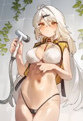 1girl adapted_costume ahoge artist_name black_panties breasts cameltoe closed_mouth commentary cowboy_shot english_commentary holding holding_shower_head indoors jacket kani_fish large_breasts long_hair looking_at_viewer navel open_clothes open_jacket panties shower_head single_hair_intake solo thong underwear white_hair yellow_eyes yellow_jacket yi_xuan_(zenless_zone_zero) zenless_zone_zero