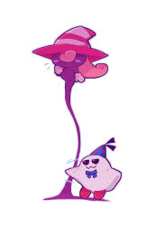 Rule 34 | 1boy, 1girl, black sclera, blue bow, blue bowtie, blue hat, blush, blush stickers, bow, bowtie, chiimako, closed mouth, colored sclera, commentary request, doopliss, flying sweatdrops, ghost, gloves, hand up, hat, long hair, looking at another, looking down, looking up, mario (series), motion lines, nintendo, open mouth, paper mario, paper mario: the thousand-year door, party hat, pink hair, pink hat, print hat, red eyes, simple background, smile, star (symbol), star print, striped hat, vivian (paper mario), white background, white gloves, white hat, witch hat