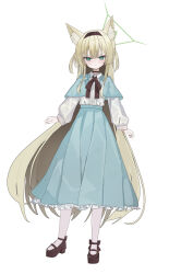 1girl alternate_costume animal_ear_fluff animal_ears black_bow black_hairband blonde_hair blue_archive blue_capelet blue_hair blue_skirt blush bow brown_shoes capelet closed_mouth fox_ears fox_girl green_eyes green_halo hair_between_eyes hairband halo high-waist_skirt highres inaba_reito kurumi_(blue_archive) long_hair long_skirt pantyhose shirt shoes sidelocks skirt solo very_long_hair white_pantyhose white_shirt